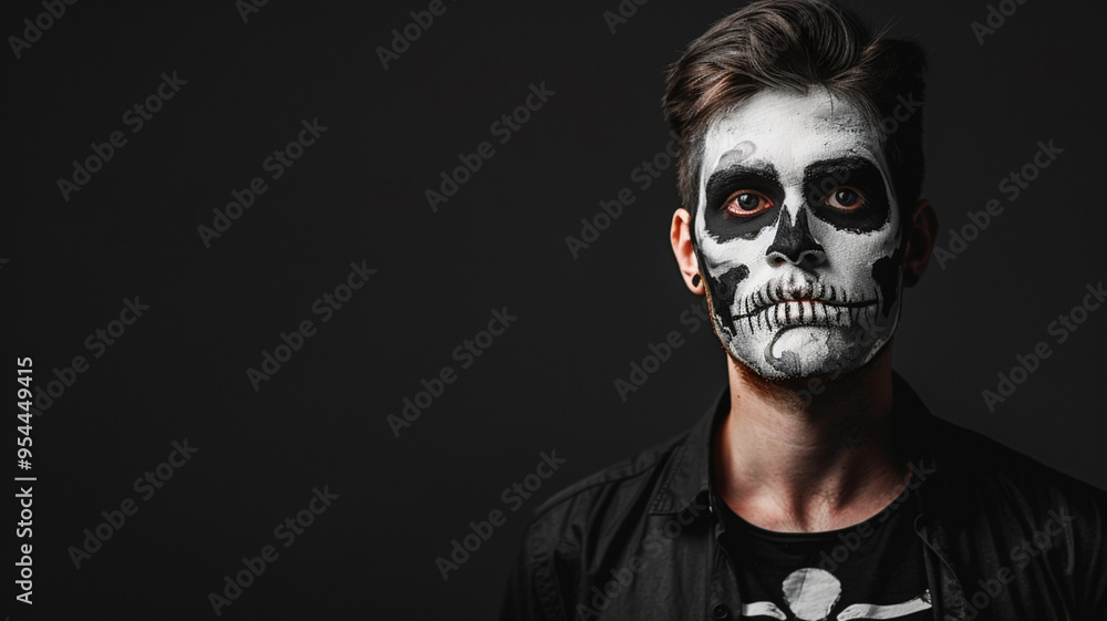 Man with skeleton costume makeup at Halloween party. Halloween celebration concept. Costumed party, carnival, masquerade. Festive atmosphere. Greeting card, invitation, banner with copy space Man with skeleton costume makeup at Halloween party. Halloween celebration concept. Costumed party, carnival, masquerade. Festive atmosphere. Greeting card, invitation, banner with copy space