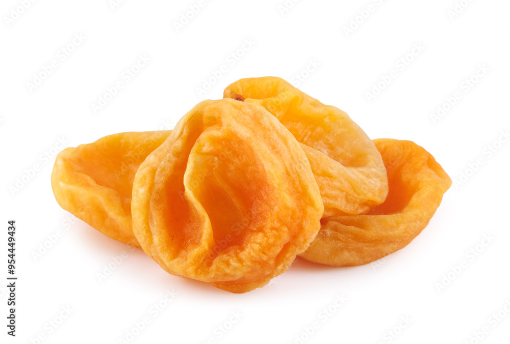 Three dried apricots isolated on a white background. Dried apricots. Three dried apricots isolated on a white background. Dried apricots.