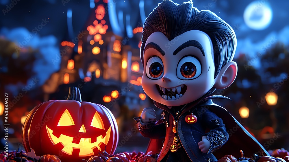 Adorable cartoon vampire in Halloween scene with jack-o'-lantern and castle backdrop under full moon, perfect spooky holiday decoration. Adorable cartoon vampire in Halloween scene with jack-o'-lantern and castle backdrop under full moon, perfect spooky holiday decoration.