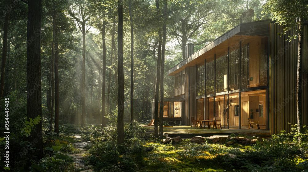 Photorealistic view of a forest retreat with towering windows, the home almost invisible Photorealistic view of a forest retreat with towering windows, the home almost invisible