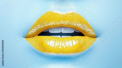   Close-up of a woman's mouth with vibrant yellow lips and lipstick against a blue backdrop photo