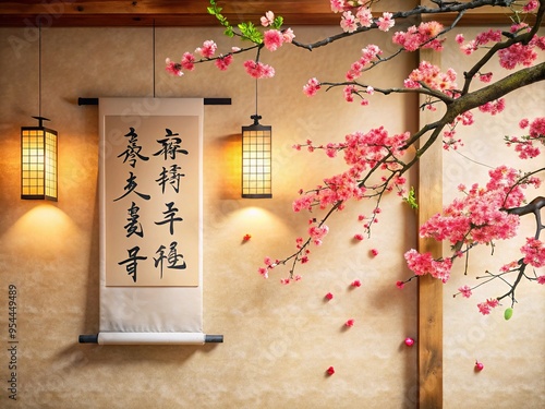 Vibrant cherry blossom branches and intricate kanji characters adorn a traditional Japanese scroll, suspended beautifully on a cream-colored wall, evoking serenity and cultural elegance. photo