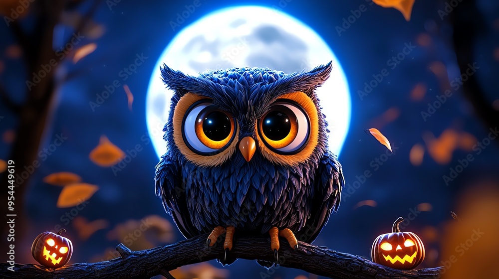 Fototapeta premium Adorable owl perched on a branch with a full moon background, surrounded by pumpkins and autumn leaves, perfect for Halloween theme.