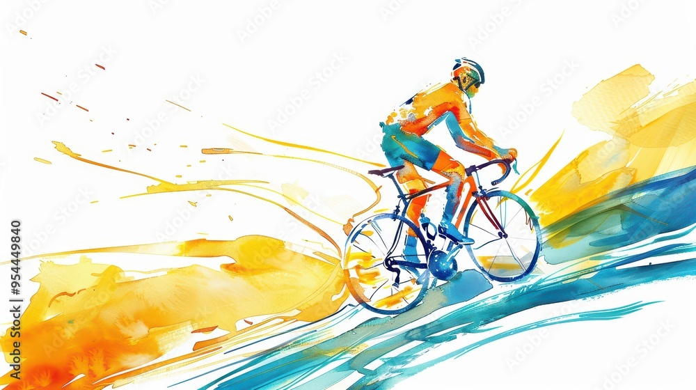 Fototapeta premium A vibrant watercolor illustration of a cyclist racing through a colorful landscape, showcasing energy and motion.