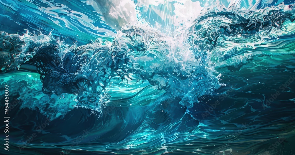 Fototapeta premium A vibrant depiction of ocean waves, showcasing movement and the beauty of water.
