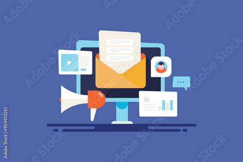 Email marketing and newsletter promotion, digital message delivery to subscriber on desktop computer, open envelop, content analytics on screen, vector illustration.