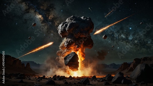 Asteroids and meteors. Large rocks hurtling through space, fiery trails, dynamic dramatic cosmic scene. Realistic style. photo