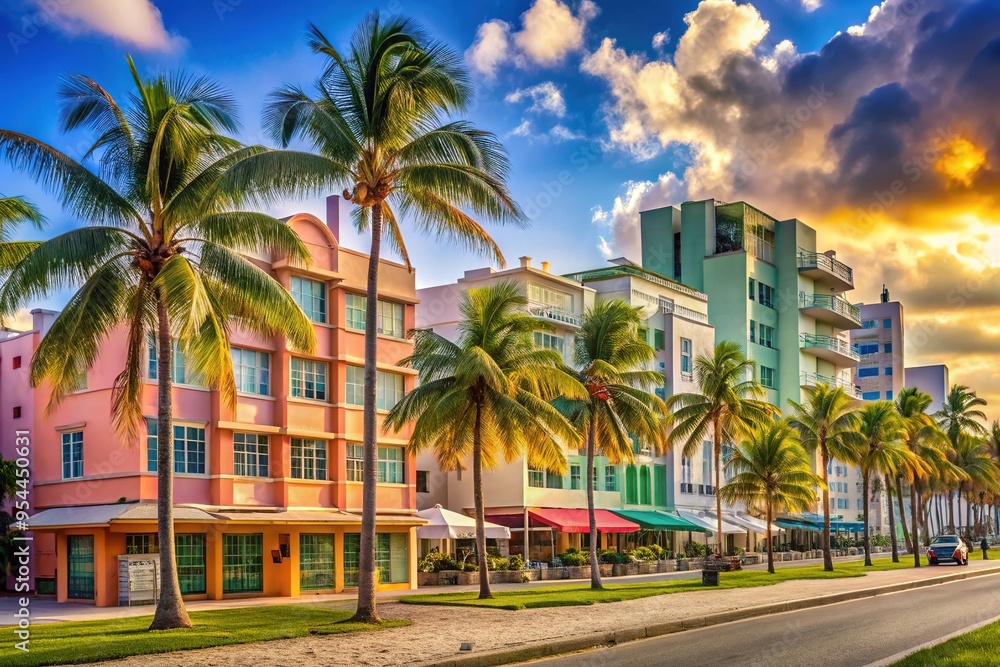 Vibrant cityscape of Miami's South Beach, featuring Art Deco architecture, pastel-hued buildings, and palm trees swaying in the sun-kissed oceanfront along Ocean Drive. Vibrant cityscape of Miami's South Beach, featuring Art Deco architecture, pastel-hued buildings, and palm trees swaying in the sun-kissed oceanfront along Ocean Drive.
