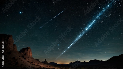 Comets. Icy bodies streaking through space, bright trails, passing near planets, dynamic captivating cosmic scene. Realistic style. photo