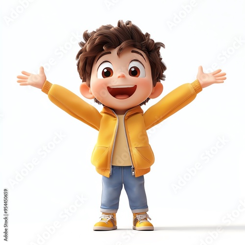 Cheerful animated boy with open arms wearing a yellow jacket, blue jeans, and sneakers. White background.