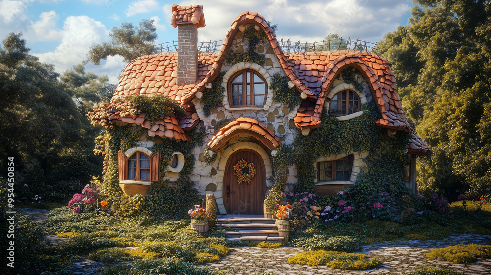 Obraz premium A fairy-tale house with unique architecture, covered in ivy, with a tiled roof and stone walls. Surrounded by flowers and greenery, it looks cozy and inviting