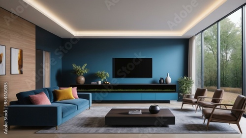 Modern Living Room Interior Design with Blue Walls  Sofa  and Large Windows