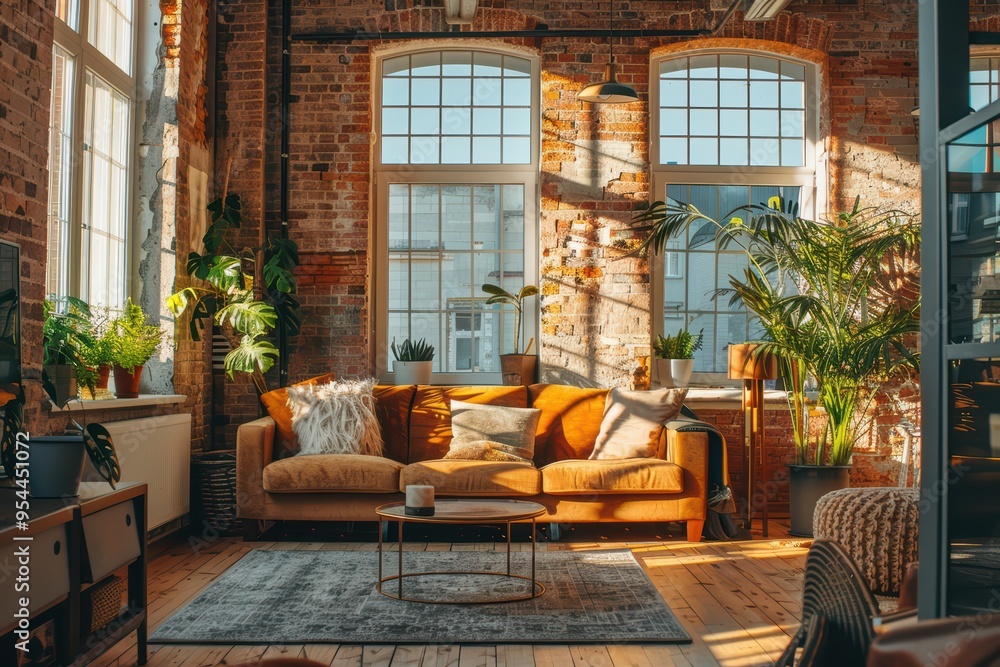 Bright living room featuring cozy sofa, large windows, and lush plants, creating a warm and inviting atmosphere. Bright living room featuring cozy sofa, large windows, and lush plants, creating a warm and inviting atmosphere.