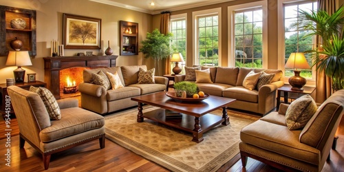 Warm and inviting living room decorated in earth tone colors, perfect for relaxation and comfort, cozy