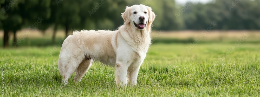 A large white dog stands atop a lush, green grass-covered field Behind it are trees aligned in a row A large white dog stands atop a lush, green grass-covered field Behind it are trees aligned in a row