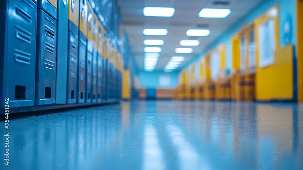 Fototapeta premium a hallway with yellow and blue lockers