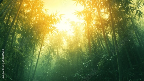 Sunbeams filtering through dense bamboo forest