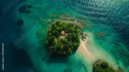 an island in the middle of the ocean with a sandy beach