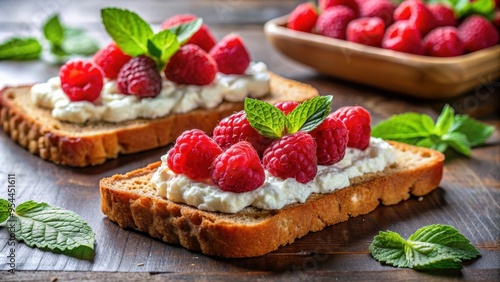 Healthy breakfast toasts topped with fresh raspberries and creamy cottage cheese , breakfast, toast, raspberry