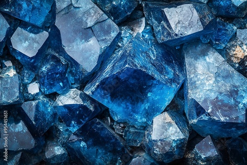 Blue Crystal Mineral Stone. Gems. Mineral crystals in the natural environment. Texture of precious and semiprecious stones. Seamless background with copy space colored shiny surface. Generative Ai