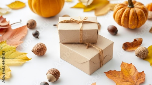 Eco-friendly gifts, plastic-free living. Autumn decor with paper boxes, pumpkins, and leaves.