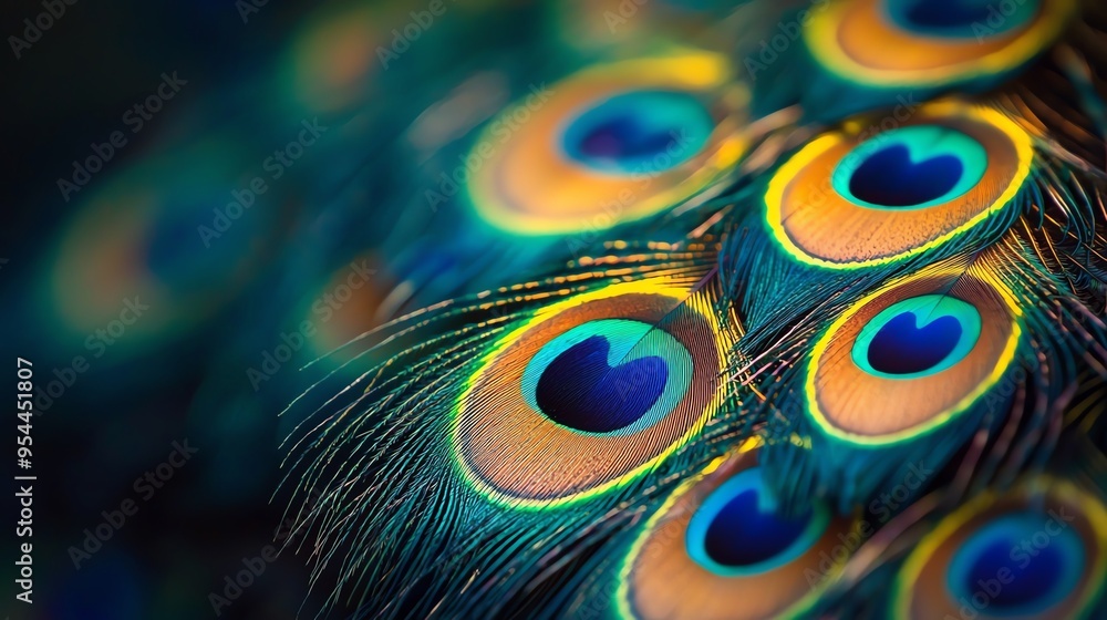 Naklejka premium Close-up of stunning peacock feathers displaying vibrant and iridescent colors, showcasing the beauty and intricate patterns of nature.