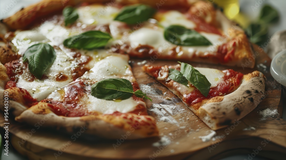 Delicious classic pizza with fresh basil and melted mozzarella on a wooden board, perfect for sharing or enjoying alone. Delicious classic pizza with fresh basil and melted mozzarella on a wooden board, perfect for sharing or enjoying alone.