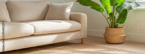  A living room featuring a couch and a sizable potted plant in its corner, resting on the floor