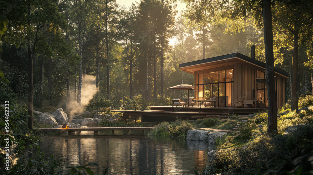 Obraz premium Photorealistic view of a sustainable cabin in the woods, with a natural spring nearby and