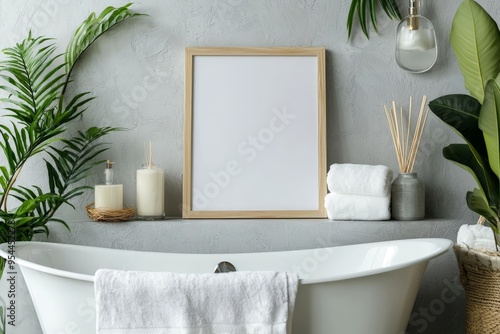 a small blank picture frame above a bathtub in a modern bathroom - poster / art mockup template photo