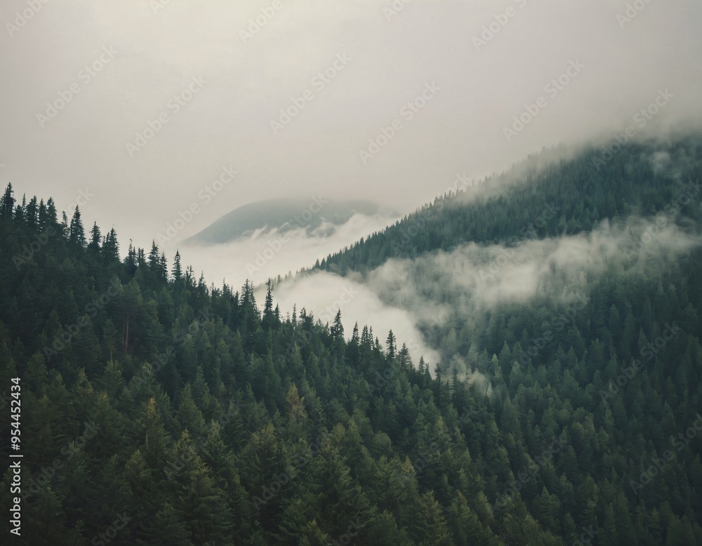 Misty foggy mountain landscape with fir forest and copy space in vintage retro hipster style. Ai generated image
Misty foggy mountain landscape with fir forest and copy space in vintage retro hipster style. Ai generated image