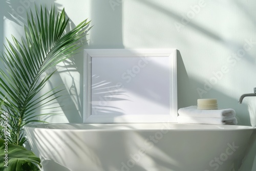 Wallpaper Mural a small blank picture frame above a bathtub in a modern bathroom - poster / art mockup template Torontodigital.ca
