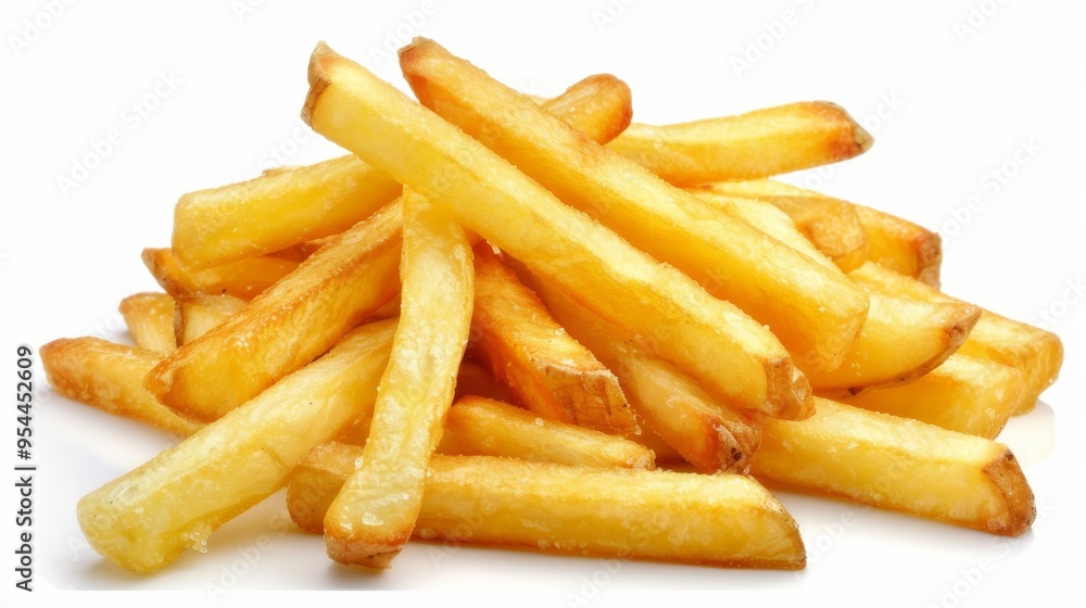 Aerial view of crispy french fries on white background showcasing delicious snack appeal Aerial view of crispy french fries on white background showcasing delicious snack appeal