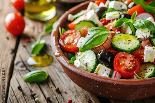 Fresh and vibrant salad with tomatoes, cucumbers, olives, and feta cheese, garnished with basil leaves on a rustic wooden table.