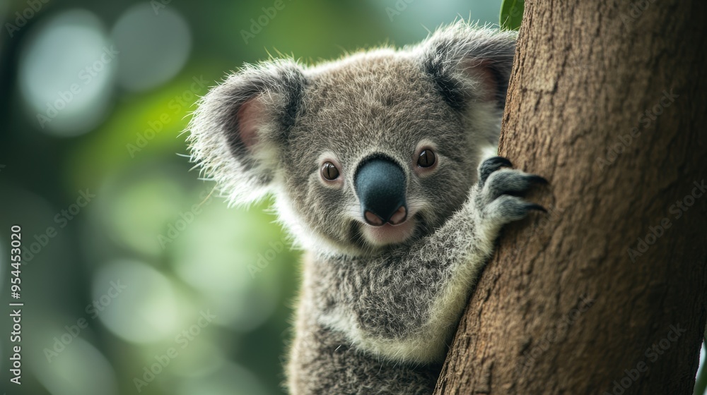 Sleepy Koala Clinging to Eucalyptus Tree in Australian Forest Sleepy Koala Clinging to Eucalyptus Tree in Australian Forest