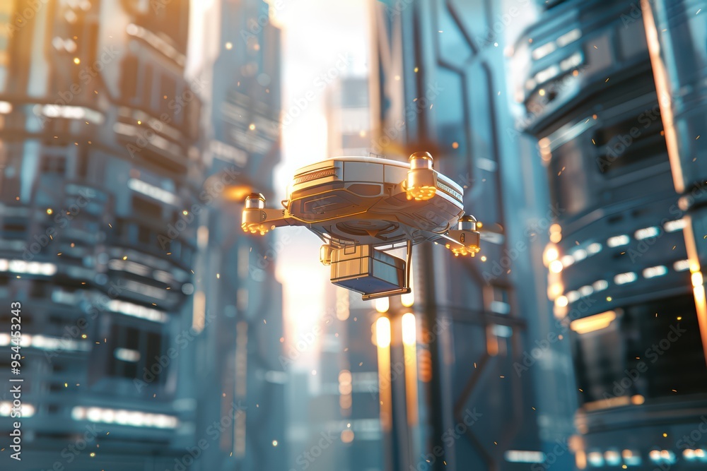 Futuristic drone flying between sleek skyscrapers in a vibrant cityscape. High-tech urban environment with glowing lights. Futuristic drone flying between sleek skyscrapers in a vibrant cityscape. High-tech urban environment with glowing lights.