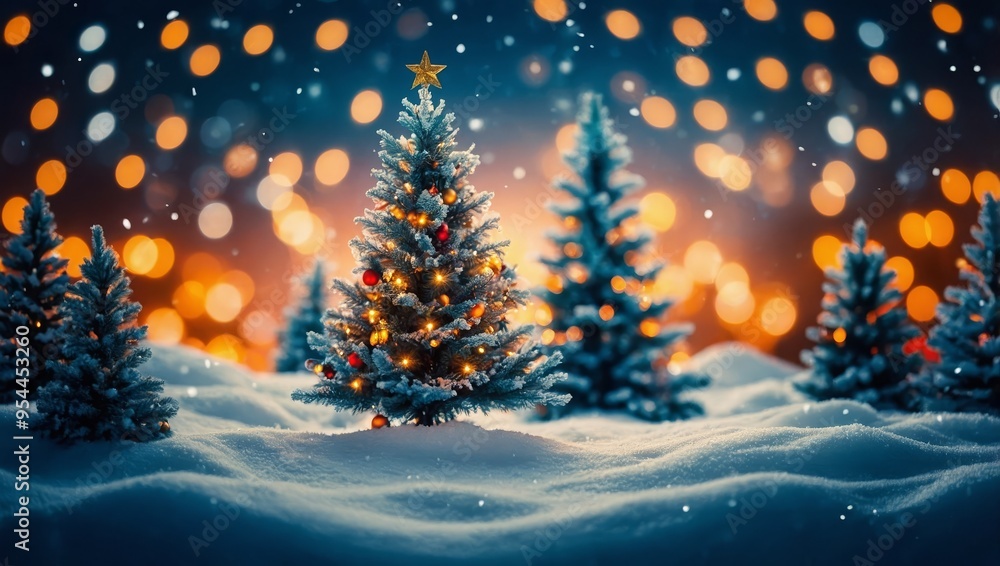 Christmas background. Xmas tree with snow decorated with garland lights, holiday festive background. Widescreen frame backdrop. New year Winter art design Christmas background. Xmas tree with snow decorated with garland lights, holiday festive background. Widescreen frame backdrop. New year Winter art design