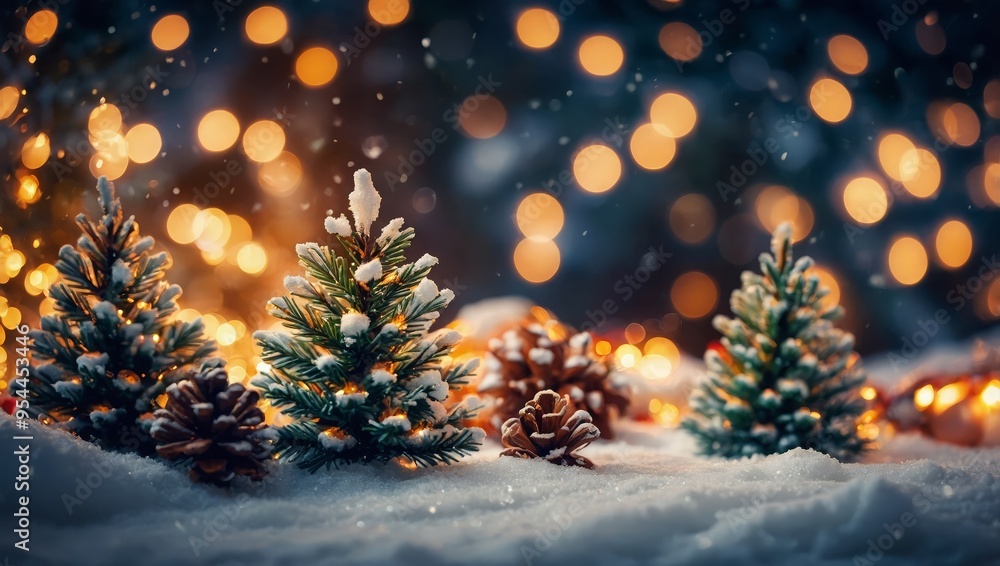 Christmas background. Xmas tree with snow decorated with garland lights, holiday festive background. Widescreen frame backdrop. New year Winter art design Christmas background. Xmas tree with snow decorated with garland lights, holiday festive background. Widescreen frame backdrop. New year Winter art design