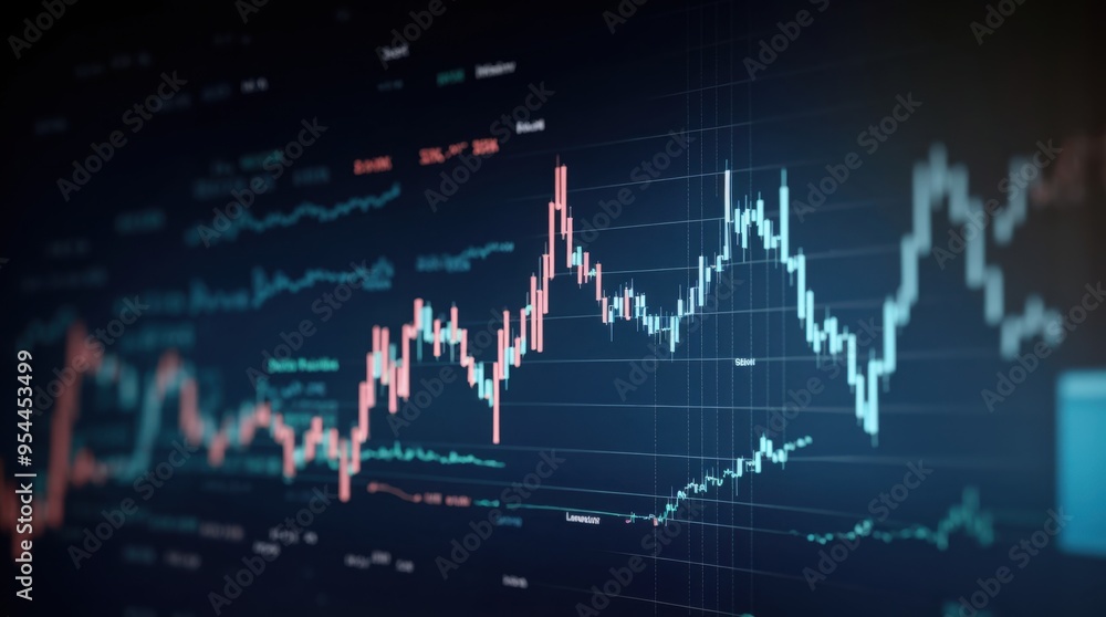 Fototapeta premium Bright stock market charts with financial data on navy blue background 