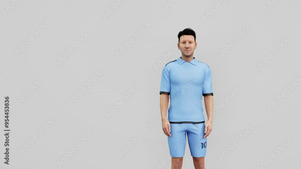 3D animation of a soccer player character gesturing goodbye on a solid white background. Perfect for themes of farewell, parting, and sports animation. 3D animation of a soccer player character gesturing goodbye on a solid white background. Perfect for themes of farewell, parting, and sports animation.