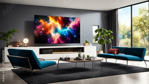 Modern living room interior with large TV  fireplace and blue sofa
