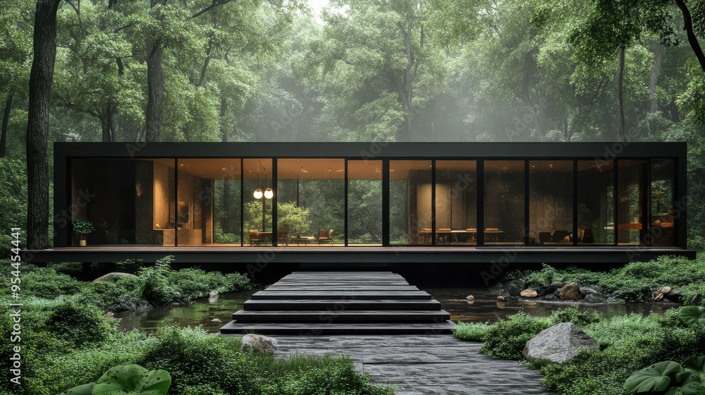 Realistic depiction of a modern forest retreat with floor-to-ceiling windows, blending Realistic depiction of a modern forest retreat with floor-to-ceiling windows, blending