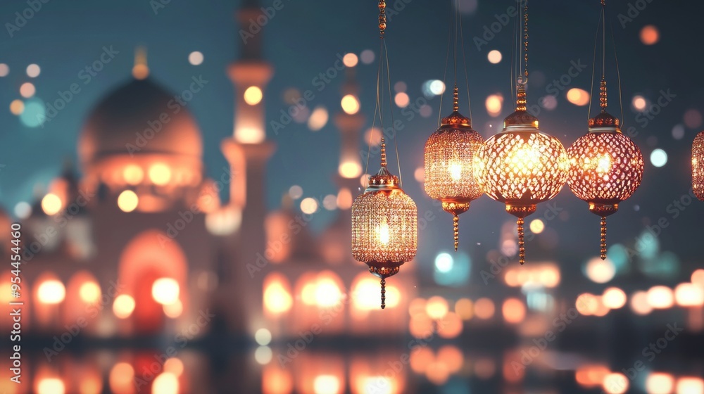 Islamic new year decoration with floating beaded lanterns with blurred and bokeh majestic mosque background Islamic new year decoration with floating beaded lanterns with blurred and bokeh majestic mosque background