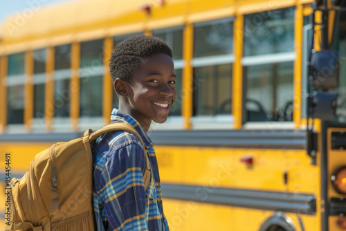 Portrait of cute happy smiling little Indian pupil girl elementary student standing in front of school bus vehicle. Back to School education concept.