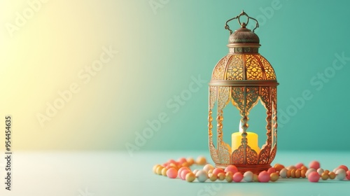 Islamic New Year Decoration with Lantern and Prayer Beads on Pastel Background