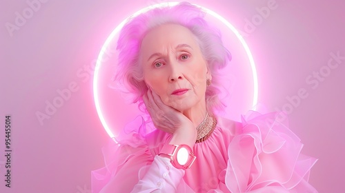 Elderly woman in elegant pink outfit and halo, highlighting fashion and grace. Concept of ageless beauty and style in soft pastel colors.