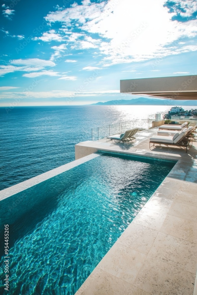 Fototapeta premium Serene Luxury: A Modern VillaInfinity Pool and Breathtaking Ocean Views