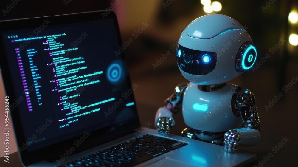 Fototapeta premium Futuristic Robot Programming Code on Laptop Display