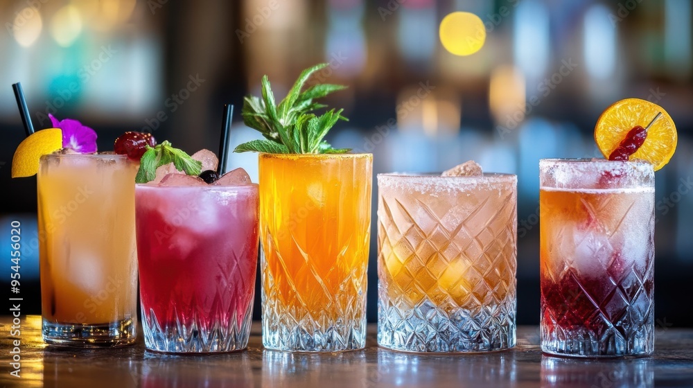 Colorful Cocktails and Drinks on Bar Counter with Garnishes and Accessories Colorful Cocktails and Drinks on Bar Counter with Garnishes and Accessories