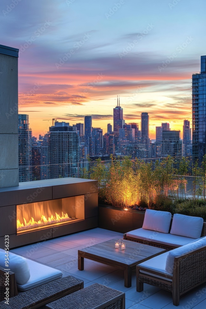 Obraz premium Urban Serenity: A Cozy Rooftop EscapeStunning City Views at Sunset